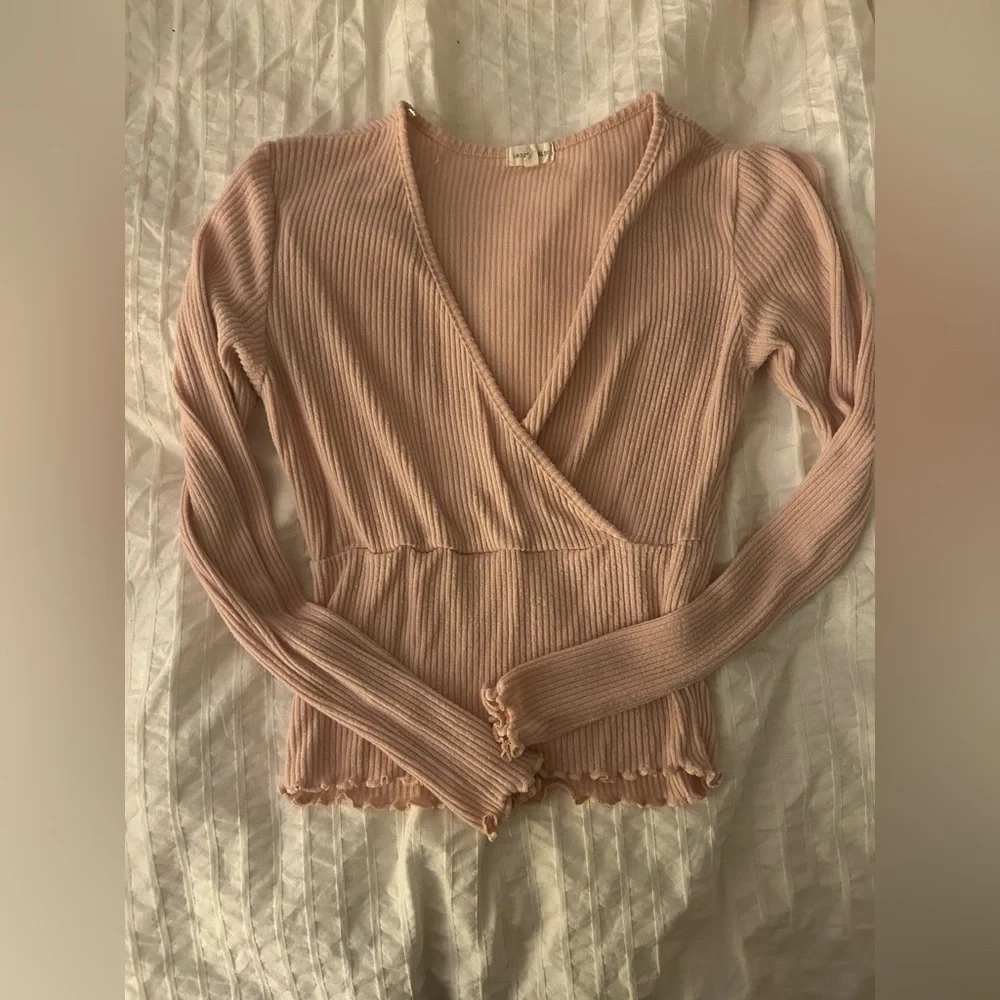 Heart & Hips S Pink Ribbed Balletcore Long Sleeve Blouse Top W/ Lettuce Hem